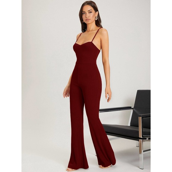BohoGypsyDreamer.com Pants - ❗️ Minimalist Open Back Cami Jumpsuit flared pants burgundy
